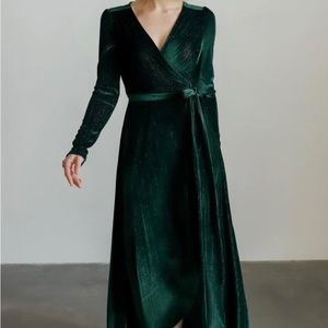 BalticBorn Serena Shimmery Velvet Long Sleeve Wrap Dress Emerald Green
